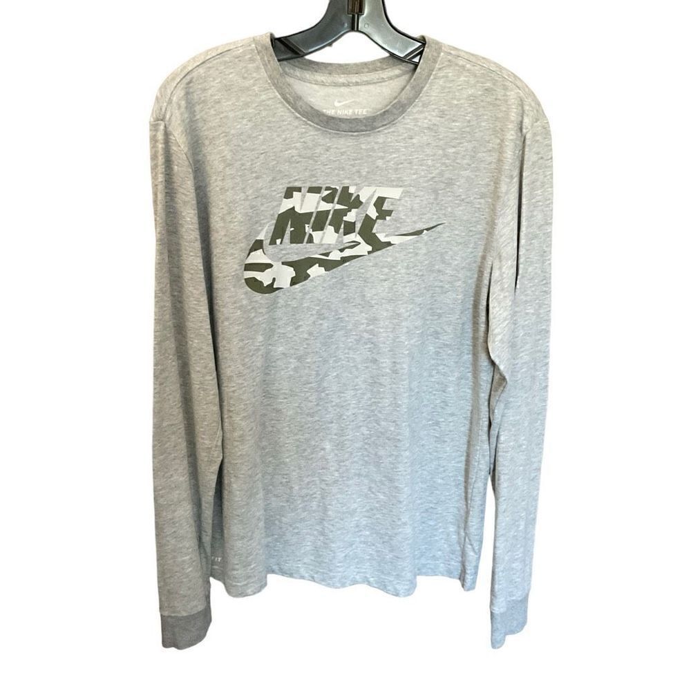 Nike Dri Fit Tee Shirt Crew Neck Grey Green Camouflage Nike Logo Medium
